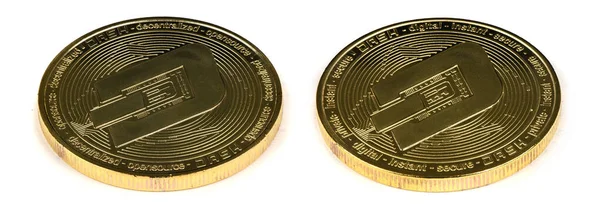 Beyaz arka planda yalıtılmış kripto para birimi altın çizgi yüz ve arka yüzü. Yüksek çözünürlüklü fotoğraf. Tam alan derinliği.
