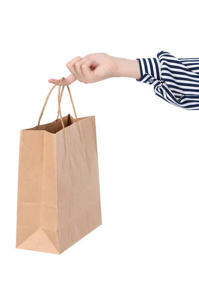 Child Hand Holding Paper Shopping Bags Isolated White Background Holiday — ストック写真