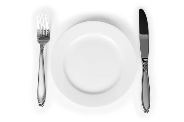 Konyha meg, villás étel kés elszigetelt fehér background — Stock Fotó