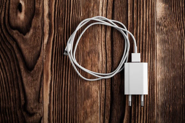 Cable Phone Charger Wood Background — Stock Photo, Image