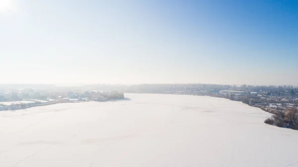 Aerial Winter Town Small River — Stock Photo, Image