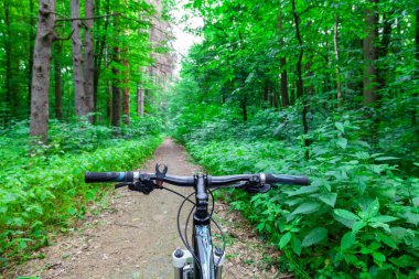 Bisikletle tepeden aşağıya doğru hızla inen dağ bisikleti. Motorcuların gözlerinden bak.