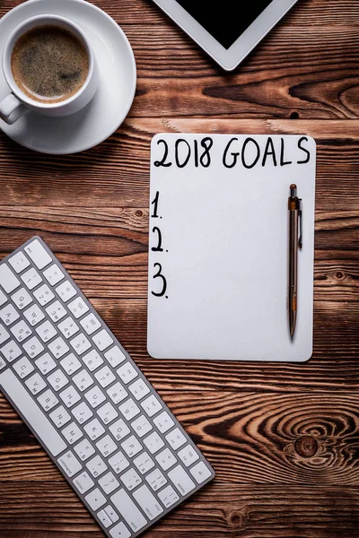 2018 Metas Cuaderno Concepto Resoluciones Año Nuevo Vista Superior — Foto de Stock