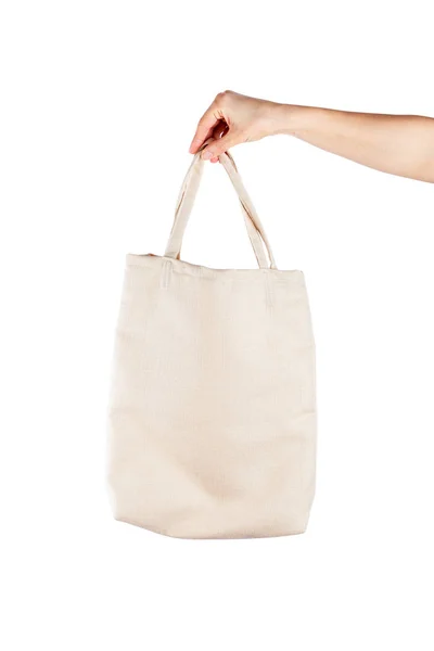 Donna con sacchetto di cotone eco su sfondo bianco. Ecologia o envir — Foto Stock