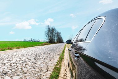 Ayçiçeği ve buğday sunli ile dolu bir alanda toprak yolda araba