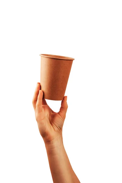 女人手拿着咖啡杯在白色背景上隔离的模拟动作 — 图库照片