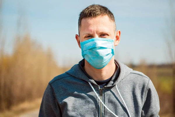 Covid Man Raised His Hand Stop Sign Man Medical Mask — Stock Photo, Image