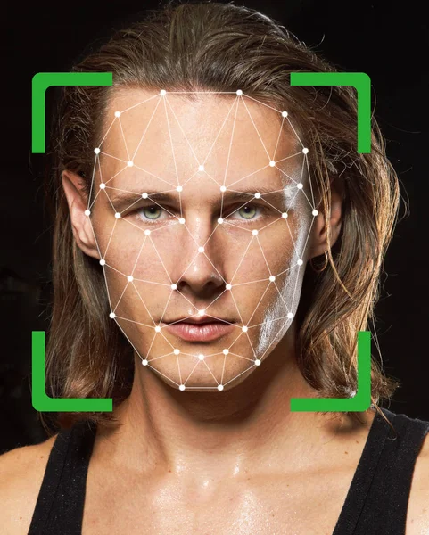 Biometric verification. Young man. The concept of a technology o — Stock Photo, Image