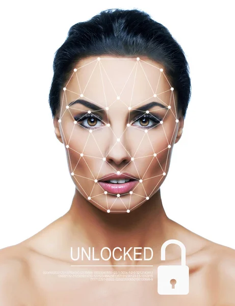 Weryfikacja biometryczna. Młoda kobieta. Odizolowane na biało. — Zdjęcie stockowe