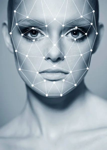 Weryfikacja biometryczna. Młoda kobieta. Koncepcja technologii — Zdjęcie stockowe