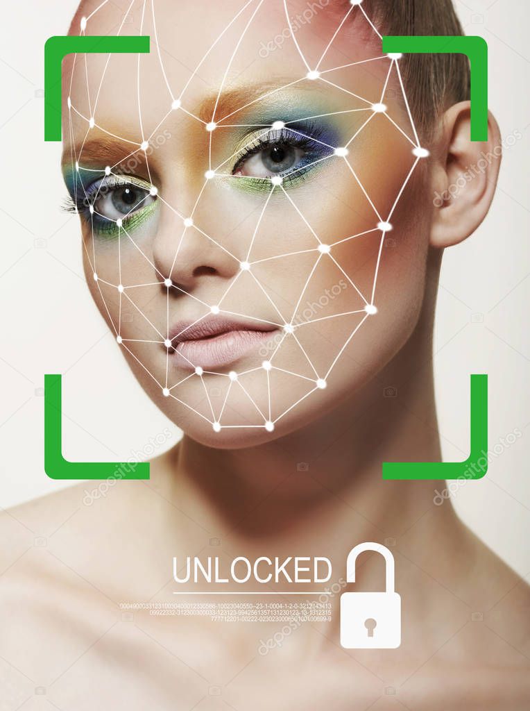 Biometric verification. Young woman. The concept of a technology