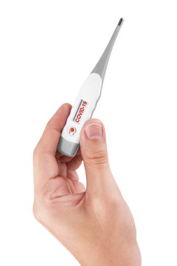 Teşhis için termometre Coronavirus Covid 19 elinde, beyaz üzerinde izole.