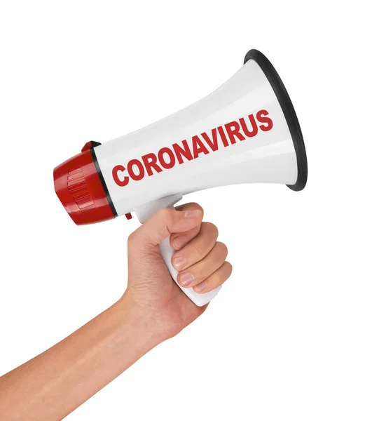 Megafon Ręku Ostrzeżenia Coronavirus Covid Izolowany Białym — Zdjęcie stockowe