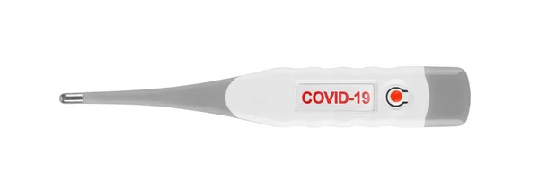 Thermometer Voor Diagnostisch Coronavirus Covid Hand Geïsoleerd Wit — Stockfoto