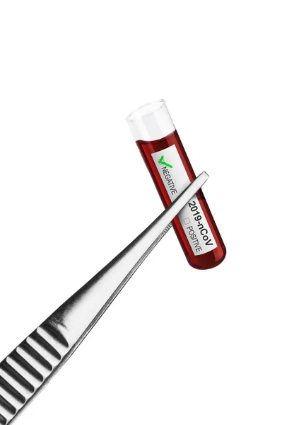 Coronavirus Covid Blood Sample Sample Tube Tweezers Isolated White — Stock Photo, Image