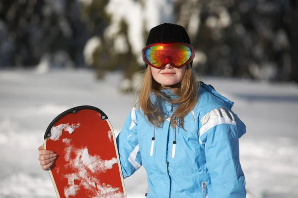 Jeune Femme Snowboarder Avec Snowboard — Photo