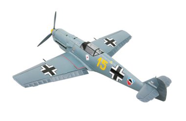 Messerschmitt 109E-3 uçağı. Modellik. Beyaz arkaplanda izole