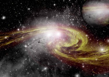 Uzak bir galaksideki yıldızlar, toz ve gaz bulutsusu