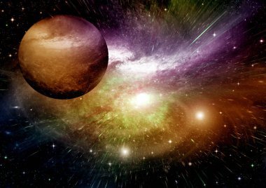 Uzak bir galaksideki yıldızlar, toz ve gaz bulutsusu