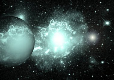 Uzak bir galaksideki yıldızlar, toz ve gaz bulutsusu