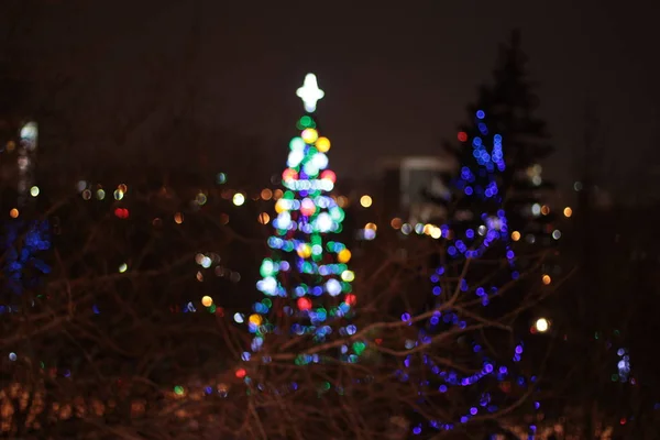 Luzes Bokeh da árvore de Natal de Ano Novo — Fotografia de Stock