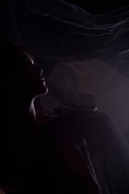 Koyu arka plan üzerinde poz güzel Asyalı kadın. Yapıya ait hala görülebilen bazı detay ile kadın yüzü silüeti