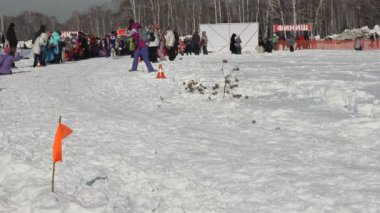 Novosibirsk - Şubat 25: kızak köpek yarış. Sibirya Festivali Kuzey binme cins köpeklere adamış. Sporcu ezme çevrede karlı yolda çalışır. 25 Şubat 2017 Novosibirsk Rusya'da