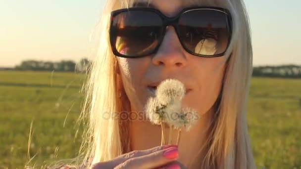 Femme soufflant le pissenlit au Sunset Summer Field. Belle femme heureuse dans les lunettes de soleil sourire et amusez-vous. Vacances et concept de voyage . — Video