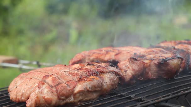 Saftige Steaks brutzeln auf flammendem und rauchendem Grill — Stockvideo