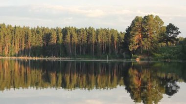 Pastoral yaz yatay, kristal berraklığında göl ve Orman ağaçları yansımalar.
