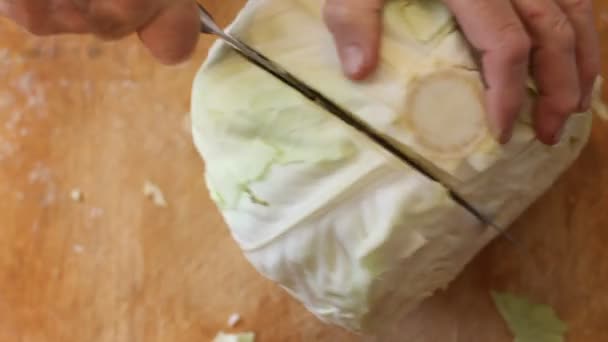 Grandmother's hands. Female hands slicing cabbage. Top view. — Stock Video