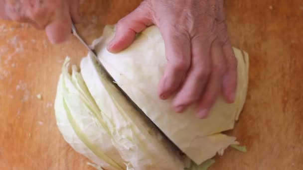 Grandmother's hands. Female hands slicing cabbage. Top view. — Stock Video