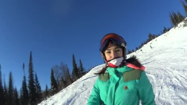 Sheregesh Rusia Nov 2017 Belleza Asiática Freeriding Snowboard Pov Noviembre — Vídeos de Stock