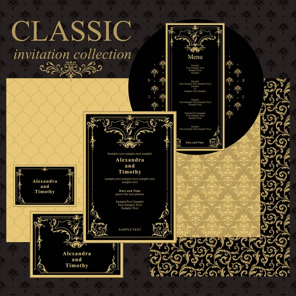 ヴィンテージ結婚式招待状のセットです ダマスク織の背景と設計します 結婚式のための伝統的な装飾 ベクトルの図 高品質テンプレート ベクターグラフィックス