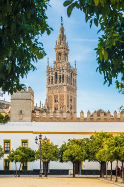 Sevilla, Es - 7 Mart 2017: Eski bir mahalle verandası şeklindeki Patio de Banderas, İspanya'nın Sevilla şehrinin Reales Alcazares'inin çevresinde yer almaktadır..