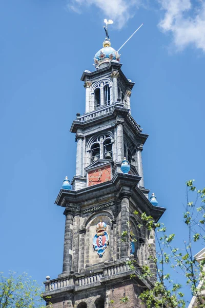 Westerkerk Kościół Zachodni Dzielnicy Jordaan Brzegu Kanałem Prinsengracht Amsterdam Holandia — Zdjęcie stockowe