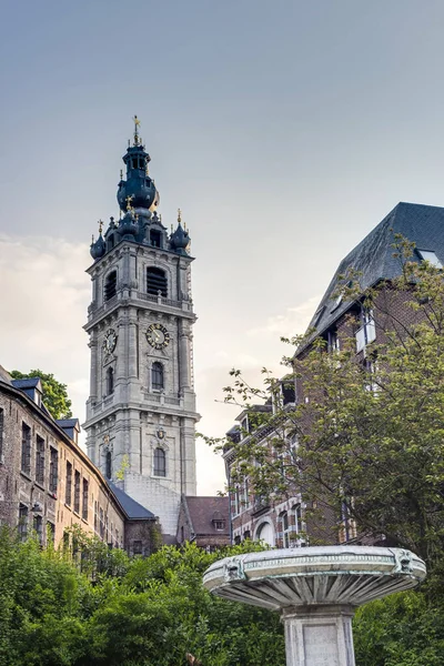 市中心的阜 比利时和法国 历史建筑群被联合国教科文组织指定为世界文化遗产中的 Wallonian 在比利时 Hainaut 省首府的钟楼之一钟楼 — 图库照片