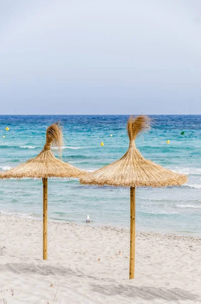 Kum Plaj Berrak Gökyüzü Hasır Şemsiyeler — Stok fotoğraf