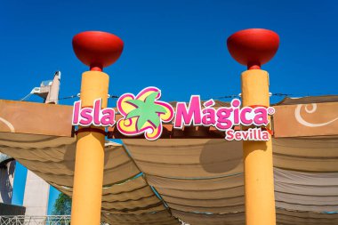 SEVILLE, ES - JULY 28, 2017: Isla Magica is a theme park located in Seville, set in the discovery of America and inaugurated in 1997. clipart
