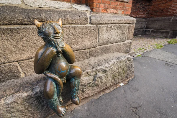 Cute Little Devil Sitting Stone Marienkirche Mary Church Luebeck Schleswig — Stock Photo, Image