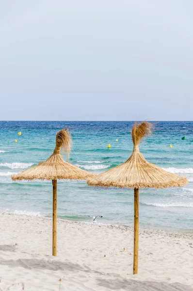 Kum Plaj Berrak Gökyüzü Hasır Şemsiyeler — Stok fotoğraf