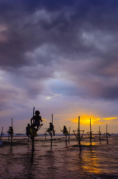 Silhouetten van de traditionele steltvissers bij zonsondergang — Stockfoto