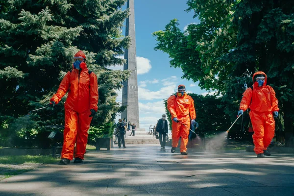 Kiev Ukraine May 2020 Disinfection Worker Protective Suit Process Street — Stock Photo, Image