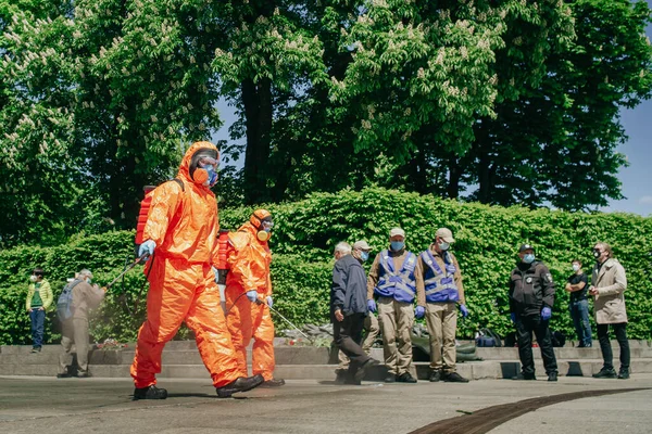Kiev Ukraine May 2020 Disinfection Worker Protective Suit Process Street Stock Photo