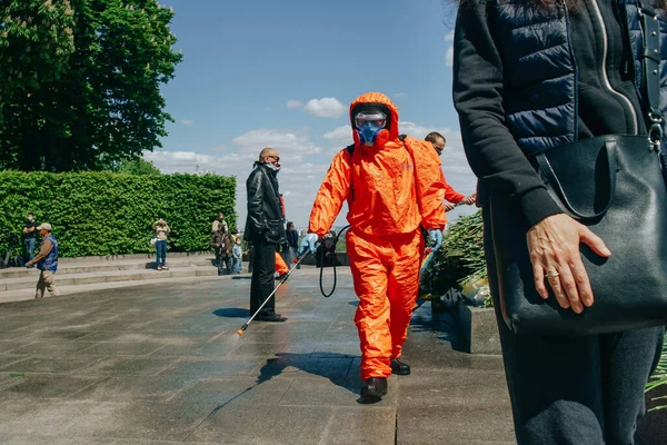 Kiev Ukraine May 2020 Disinfection Worker Protective Suit Process Street Stock Image
