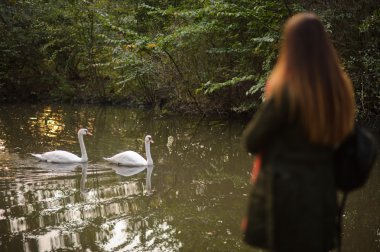 Kız gölün kıyısında duruyor.