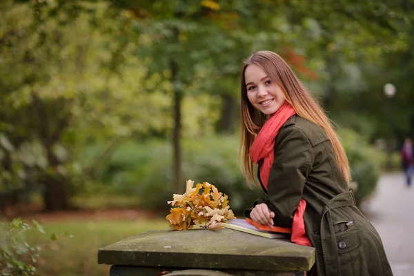 Menina alegre no fundo do parque de outono . — Fotografia de Stock