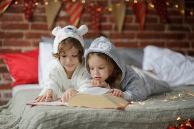 Çocuklar Noel hikayeleri ile harika bir kitap okumak.