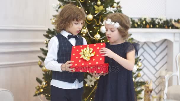 Zwei Kinder im jüngeren Schulalter eröffnen das Weihnachtsgeschenk. — Stockvideo