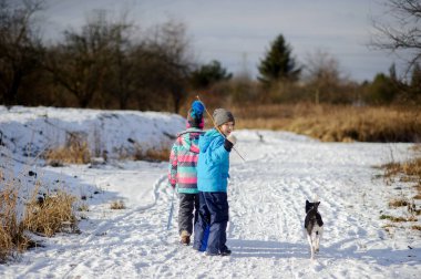 İki çocuk ve köpek kış yürüyüş.